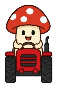 Uyova mascot, a red-cap mushroom, at the wheel of a tractor.