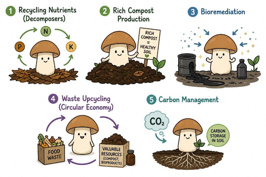 Five soil jobs: recycling nitrogen, phosphorus, and potassium; rich compost for healthy soil; bioremediation of polluted ground; upcycling food waste into compost and bioproducts; and storing carbon in soil.